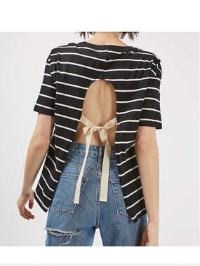 Topshop Tie-Back striped top Sz 4 NWOT black / cream